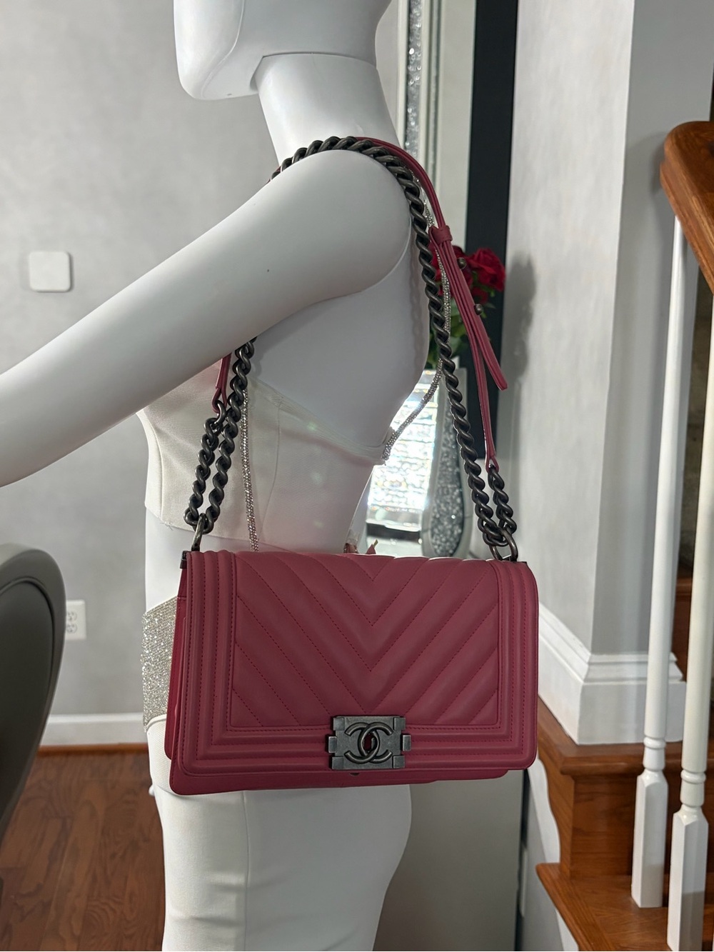 CHANEL PINK CHEVRON QUILTED BOY BAG SILVER HARDWARE